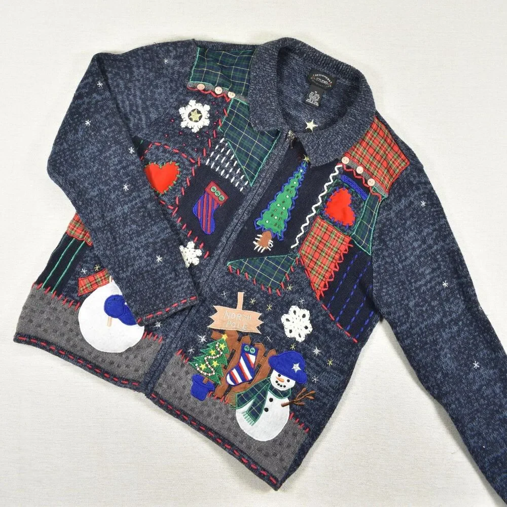 Vintage Ugly Christmas Sweater Cardigan Full Zip Snowman Patchwork Medium